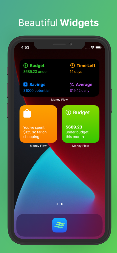 Money Flow - Expense Tracker - Money Flow app widgets showing budget and savings insights on an iPhone home screen