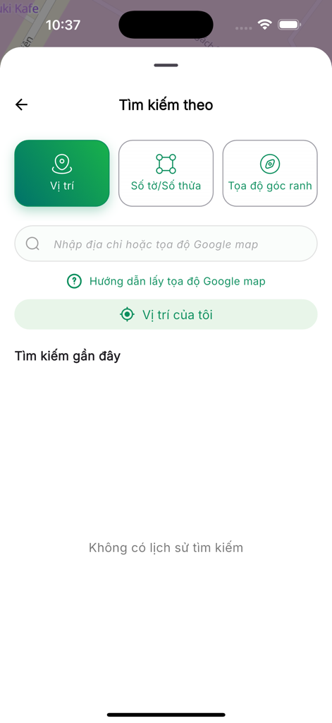 위치, 도면 번호 또는 경계 좌표로 토지를 찾기 위한 옵션을 보여주는 DeeMap 검색 인터페이스