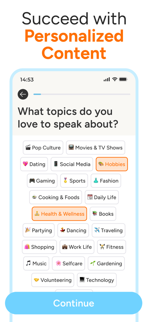 A screen in the SpeakWell app where users select conversation topics such as hobbies and health to personalize their English learning experience.