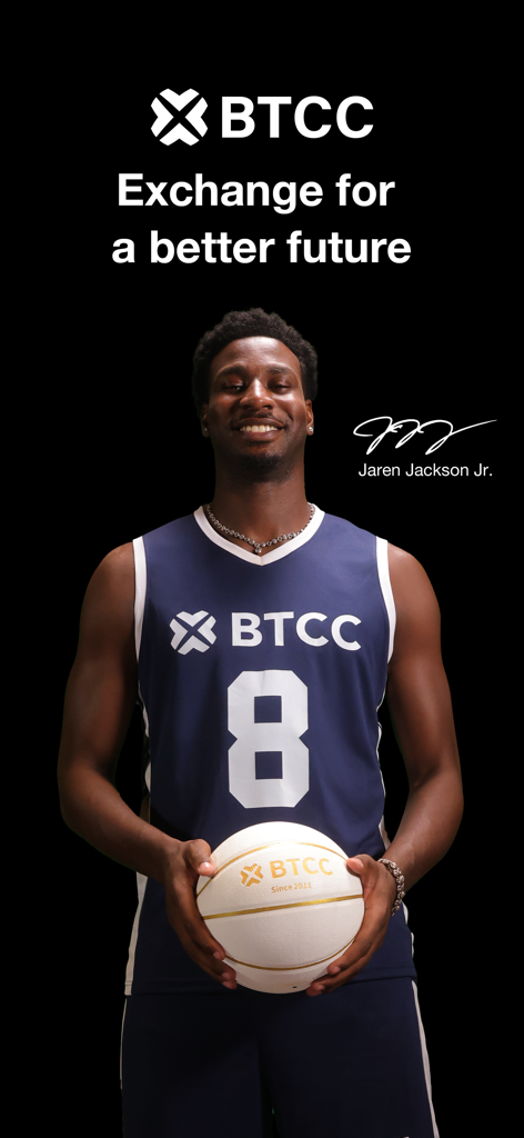 Professional basketball player Jaren Jackson Jr holding a BTCC branded basketball as the brand ambassador for the crypto exchange