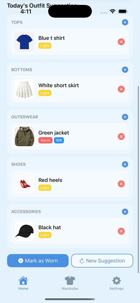 Wearther: What to Wear - Pantalla de la aplicación móvil que muestra sugerencias de atuendos diarios categorizados por partes superiores, inferiores, ropa exterior, calzado y accesorios