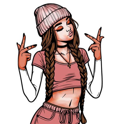 realistic teenage girl with braids and a beanie and crop top doing 🫶🏼