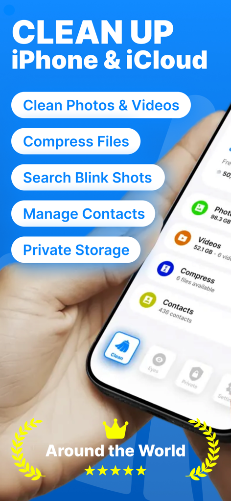 iPhone holding Cleaner Pro app showing features to clean photos videos compress files and manage contacts