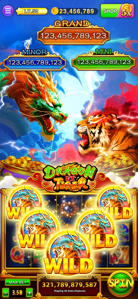 A vibrant Dragon vs Tiger themed slot machine game interface featuring multiple wild symbols and large jackpot displays.