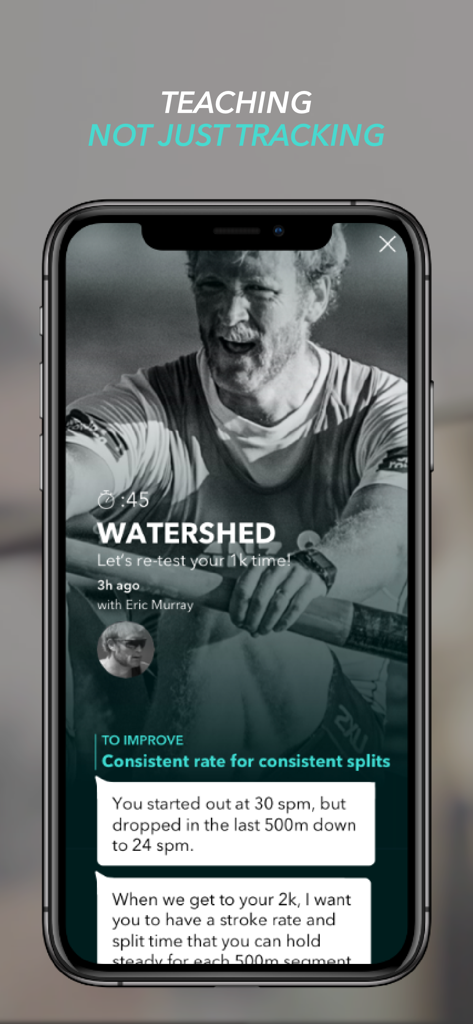 Smartphone screen of asensei rowing app featuring AI coaching feedback and Olympic medalist Eric Murray