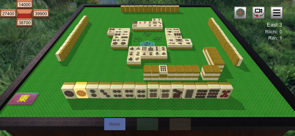 Riichi Mahjong gameplay showing a 3D table and tiles