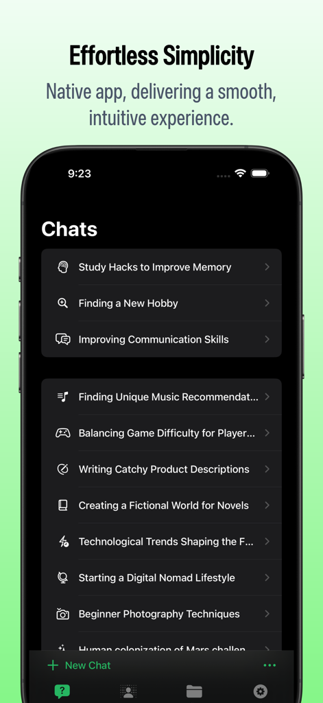 DeepChat - AI assistant - DeepChat AIアシスタントアプリのミニマリストなチャット履歴画面に、整理されたさまざまな会話トピックが表示されています。