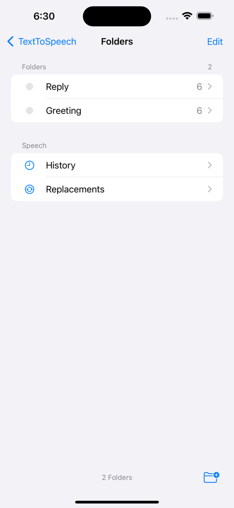Text To Speech - Read Aloud - Folder organization screen in the Text To Speech app showing preset categories and speech history