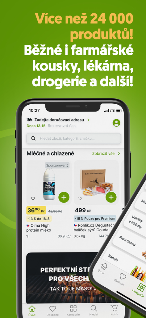 Rohlik mobile app interface displaying a wide selection of grocery items and dairy products