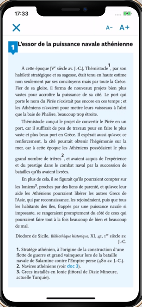 Lección de un libro de texto digital de historia francesa sobre el poder naval ateniense dentro de la aplicación móvil Biblio-Manuels.