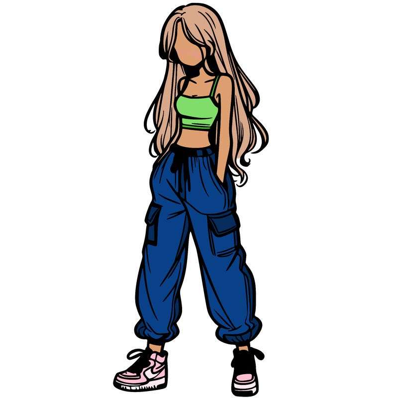 girl in baggy pants crop top and long hair