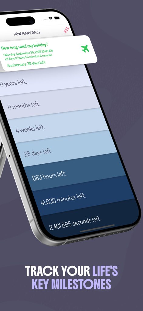 Smartphone screen showing a holiday countdown with time breakdown in weeks days and hours