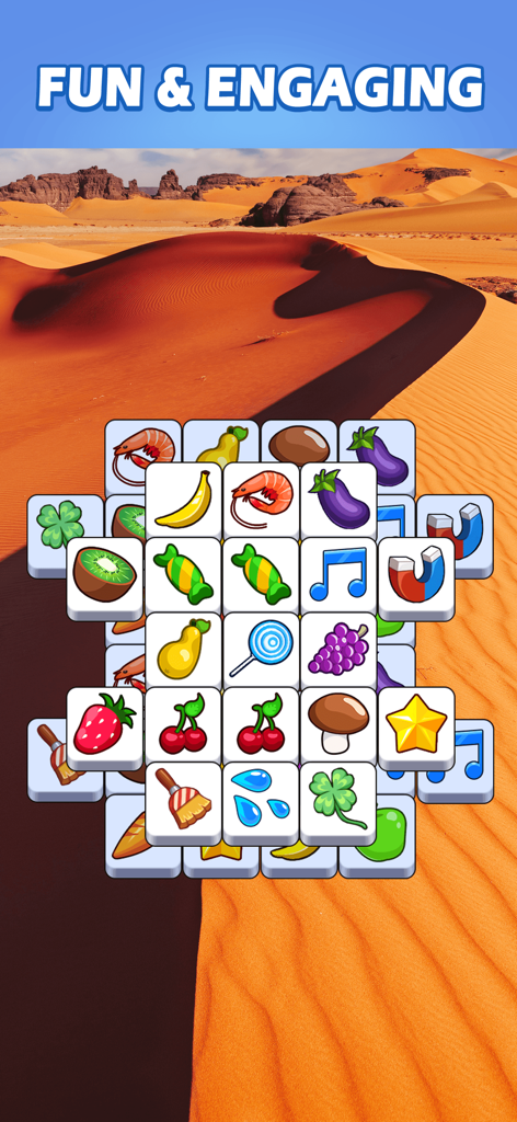 Tile Master Pro: Triple Match - Jogo de puzzle de triple match com peças de objetos coloridos sobre uma paisagem desértica
