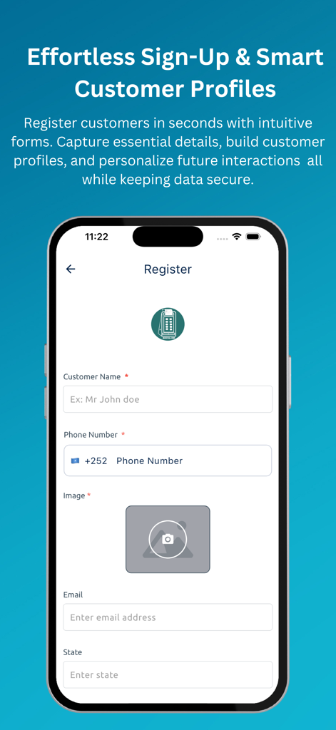 MAKHAL - Interfaz de la aplicación Makhal POS para crear perfiles de clientes y registro.