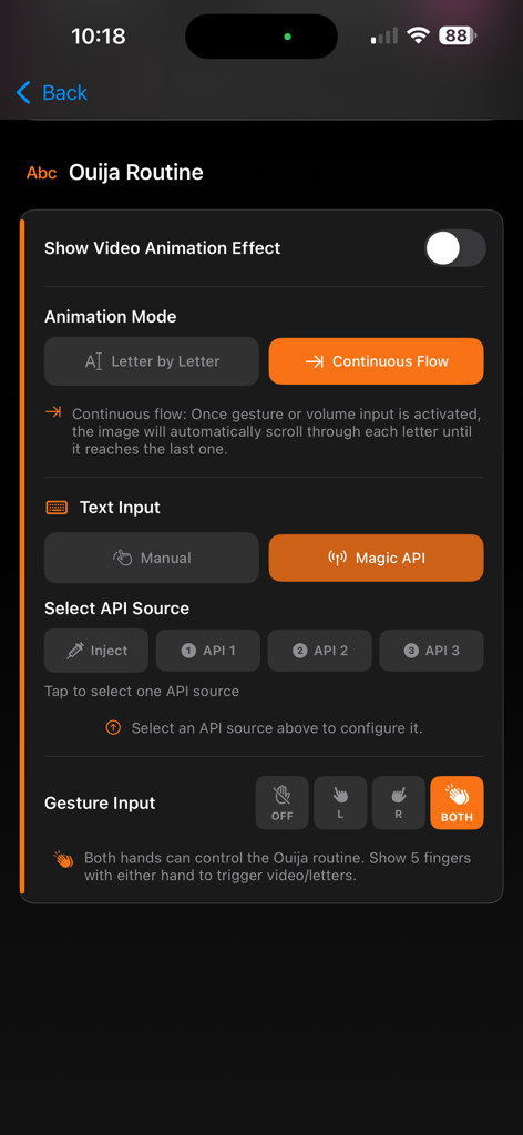 PK-INK - PK-INK app settings screen for the Ouija routine featuring gesture and animation controls