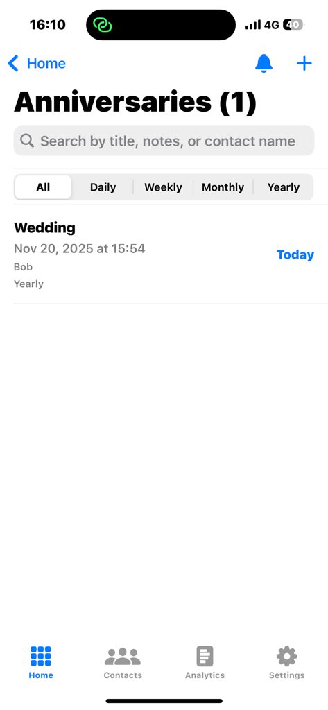 Haven Link Mobile-App-Oberfläche, die eine Liste von Jahrestagen mit einem Hochzeitsereignis für einen Kontakt namens Bob anzeigt.