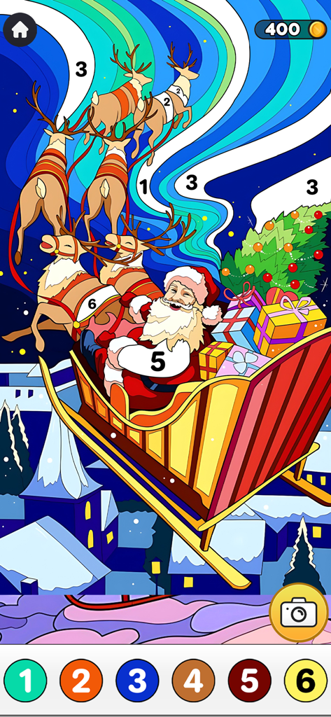 Paint Book Christmas Edition - Santa Claus in his sleigh with reindeer in a Christmas color by number mobile game.