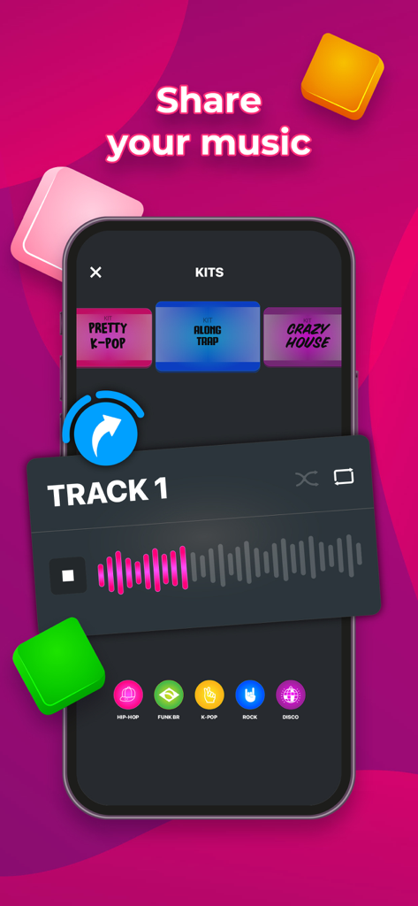 A smartphone screen showing the SUPER PADS app interface for recording and sharing music tracks with various genre kits like K-Pop and Trap.