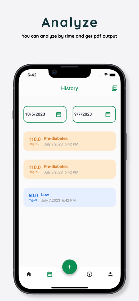 Blood Sugar Monitoring - Mobile app screen showing a history of blood sugar readings with dates and health statuses