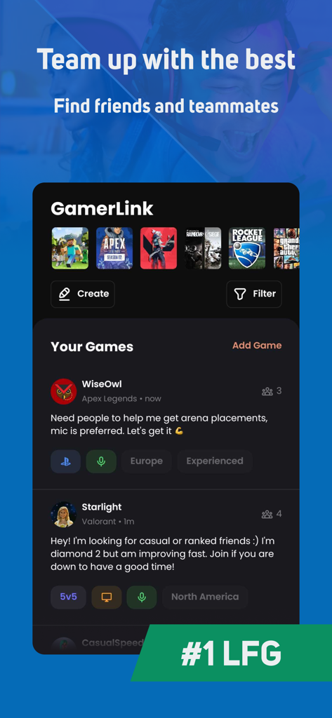 GamerLink LFG, Find Teammates! - L'interface de l'application GamerLink affiche un flux de joueurs recherchant des groupes dans Apex Legends et Valorant.