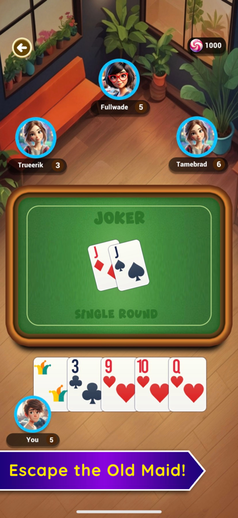 Old Maid: Fun Card Game! - Four players competing in the Joker mode of the Old Maid card game with a green table and digital hand of cards