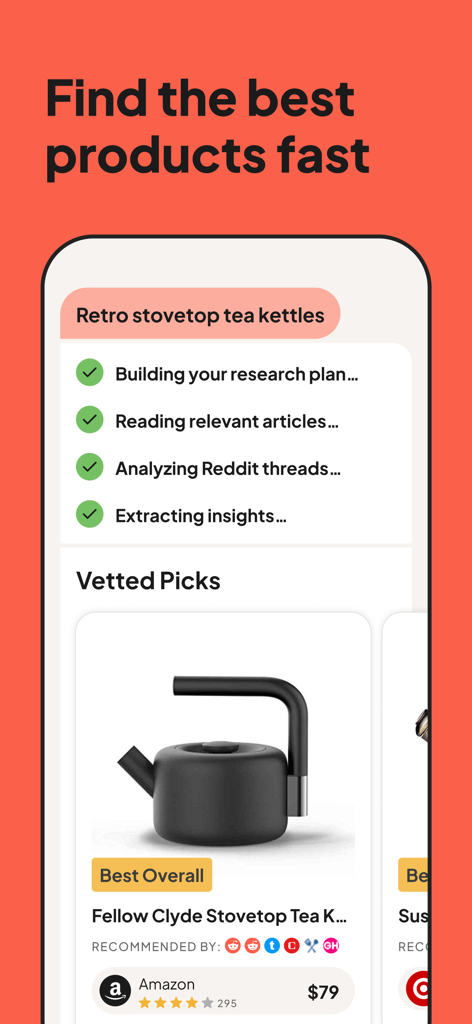 Vetted AI shopping assistant displaying research progress and top product picks for a retro tea kettle