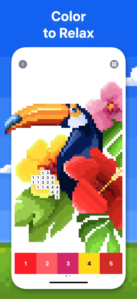 Color by number pixel art of a toucan and tropical flowers.