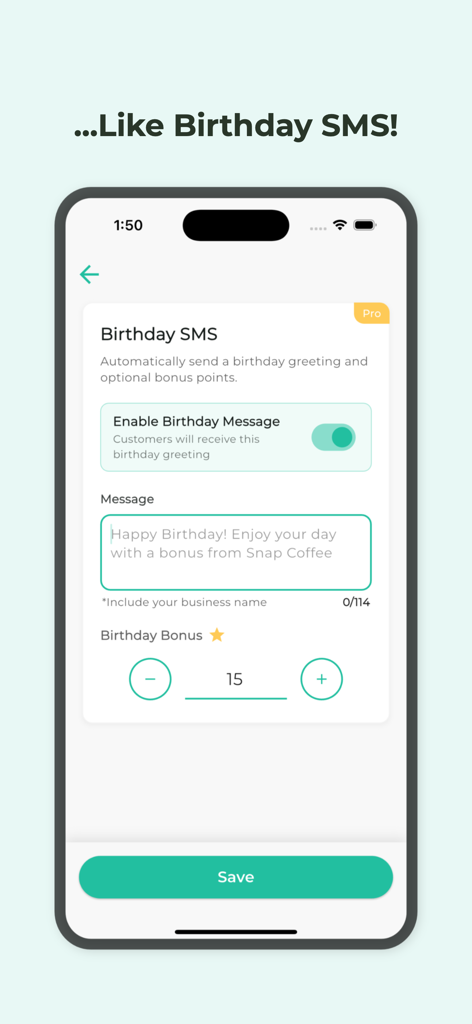 Snap Loyalty App-Oberfläche, die die Einrichtung automatisierter Geburtstags-SMS mit benutzerdefinierter Nachricht und Bonuspunkten zeigt