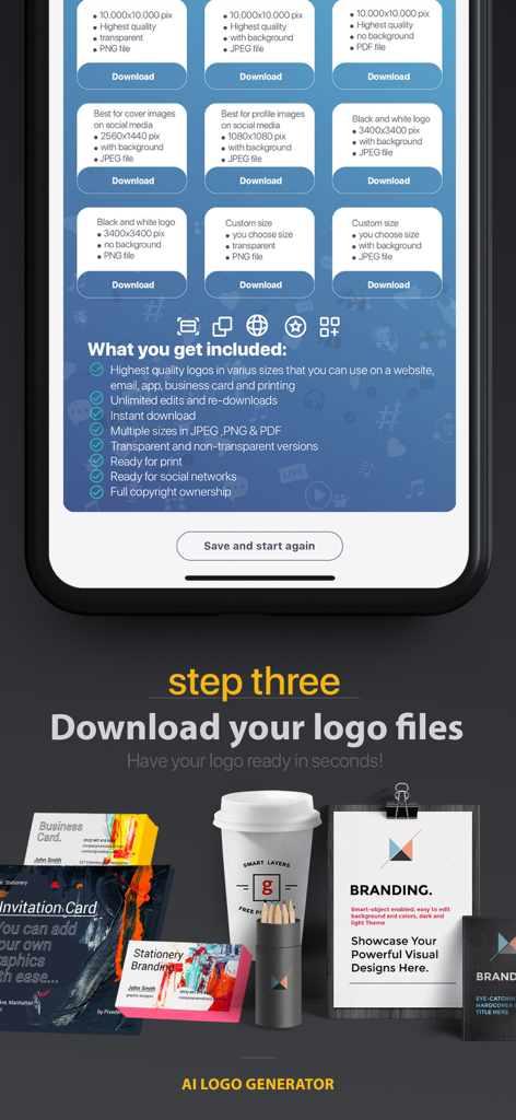 AI Logo Generator-Design Maker - 中小企業向けのさまざまな高解像度ロゴダウンロード形式とプロフェッショナルなブランディングモックアップを表示するモバイル画面