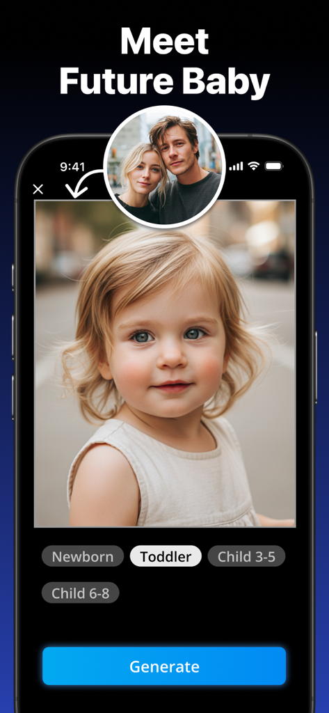 Tenada AI Photo Graphic Design - Tenada AIアプリのインターフェースで、カップルの写真から幼児の写真を生成するFuture Baby機能が表示されている。
