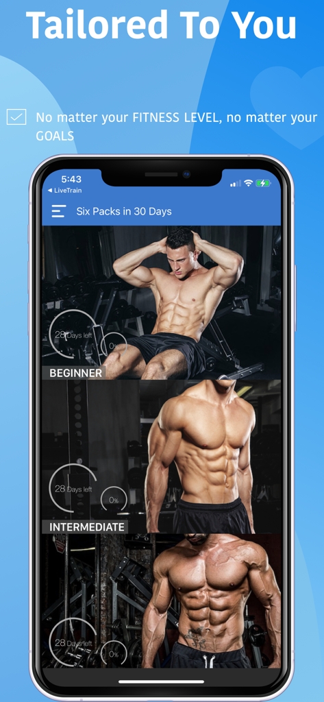 Six Pack in 30 Days app screen showing beginner and intermediate fitness levels