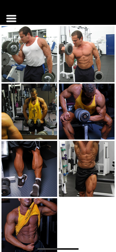 Una cuadrícula de fotos que muestra a un culturista demostrando ejercicios y resultados de progreso físico.