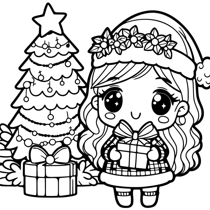 christmas girl holding a gift with a christmas tree behind her