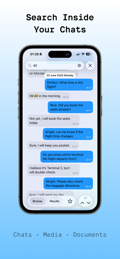 ChatViewer - Search interface within the ChatViewer app showing highlighted search results in a chat history backup