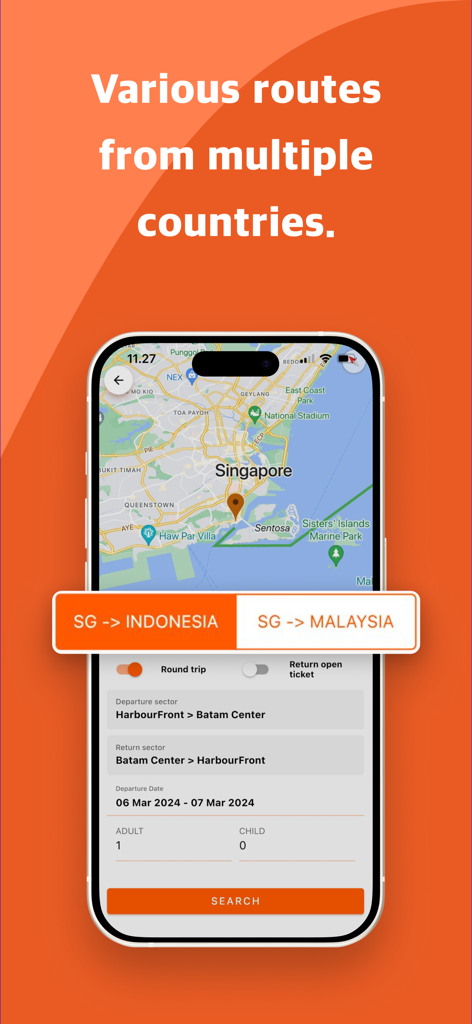 BatamFast Online Ferry Booking - シンガポールからインドネシアとマレーシアへのフェリー予約オプションが表示されたBatamFastアプリインターフェース