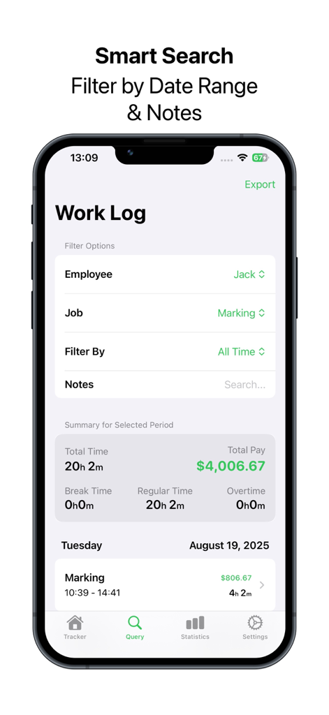 WorkLog - Hours Tracker - WorkLog app screenshot showing time tracking summaries and search filters for employees and jobs
