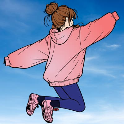 realistic girl jumping with a bun and oversized sweatshirt