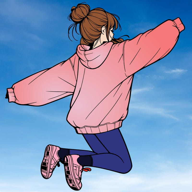 realistic girl jumping with a bun and oversized sweatshirt