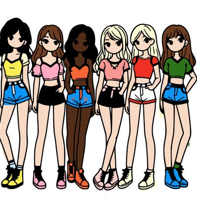a group of girls wearing crop tops and shorts
