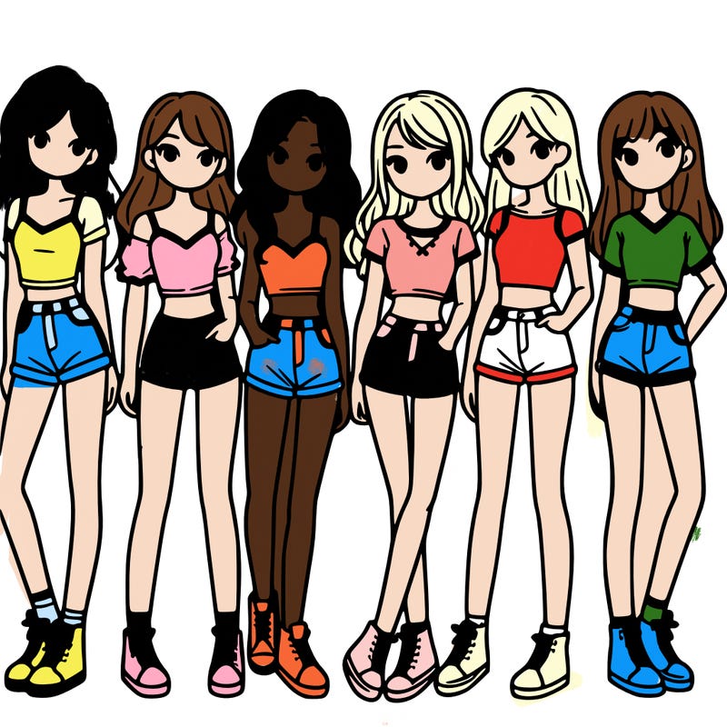 a group of girls wearing crop tops and shorts