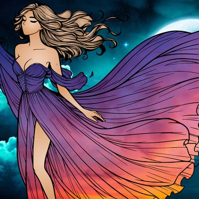 realistic woman in dress flowing the the wind