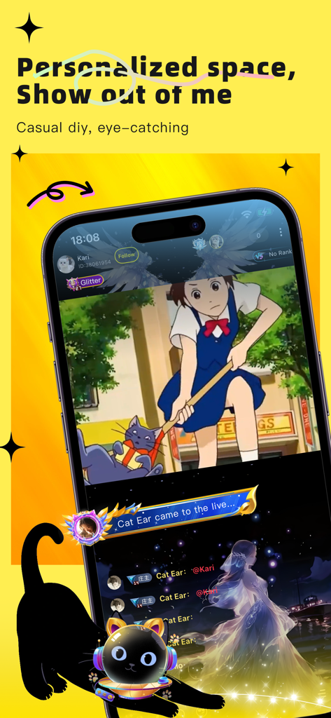 Interfaccia dell'app 花猫Meow che mostra uno spazio utente personalizzato con immagini a tema felino e feed social.