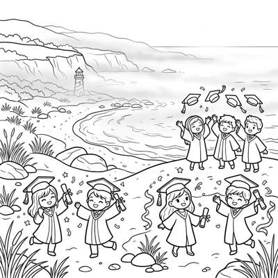 Step into a charming world where cute chibi graduates celebrate their big day amidst the serene beauty of a misty coastal landscape. This delightful coloring page combines the joy of achievement with the calming allure of the ocean.