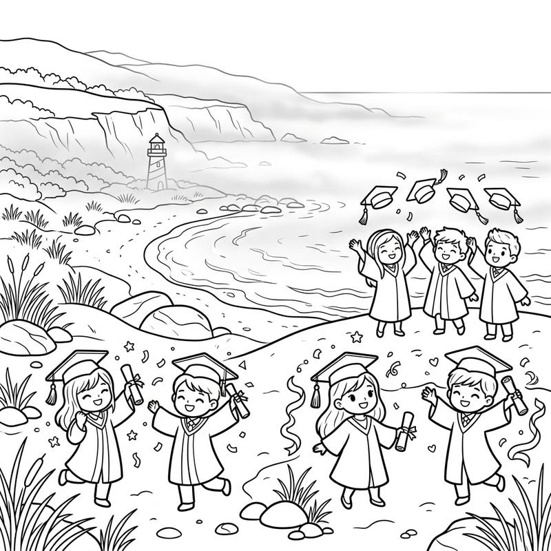 Step into a charming world where cute chibi graduates celebrate their big day amidst the serene beauty of a misty coastal landscape. This delightful coloring page combines the joy of achievement with the calming allure of the ocean.