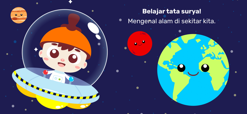 Marbel Pelajaran TK dan Paud - Personaje de Marbel en una nave espacial aprendiendo sobre el sistema solar con planetas de dibujos animados