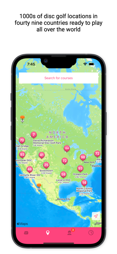 Map view of the Upsi Disc Golf app showing thousands of course locations across North America
