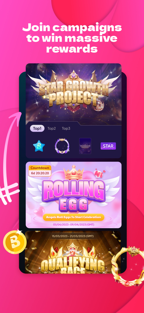 Boomlive app screen showing various rewards and campaigns like Star Growth Project and Rolling Egg