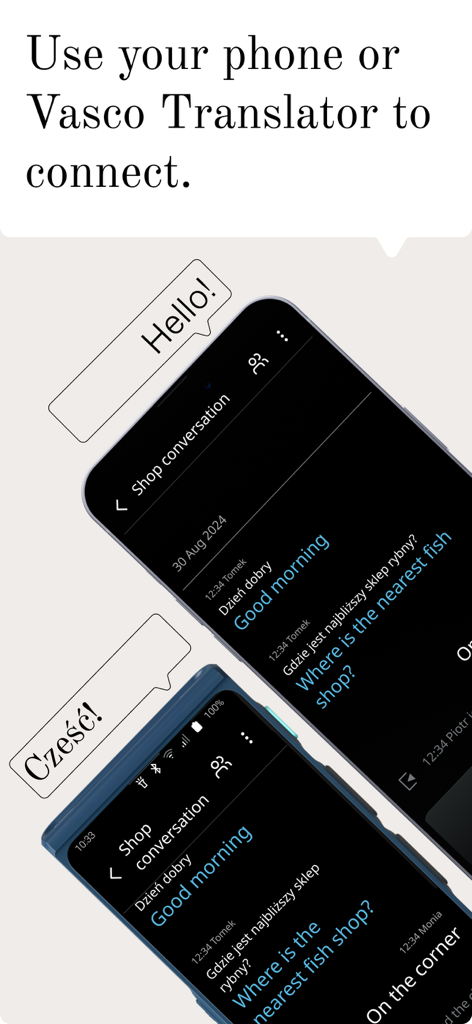 스마트폰과 Vasco Translator 장치에 영어와 폴란드어 간 실시간 번역 채팅 메시지가 표시됩니다.