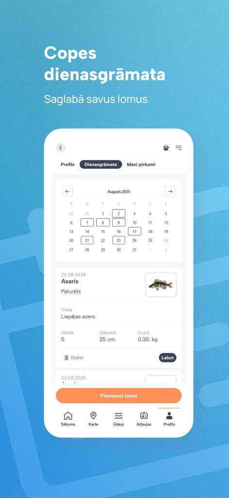 Mana Cope - Mana Cope mobile app interface showing the fishing diary feature with a calendar and recorded catch details