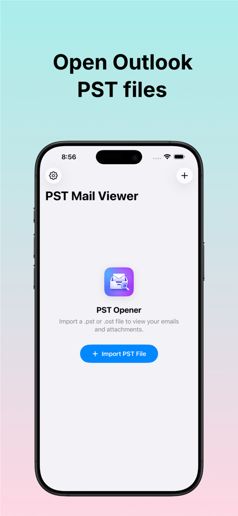 PST Mail Viewer - Pantalla de inicio de la aplicación PST Mail Viewer que muestra el botón de importar archivo PST en un iPhone